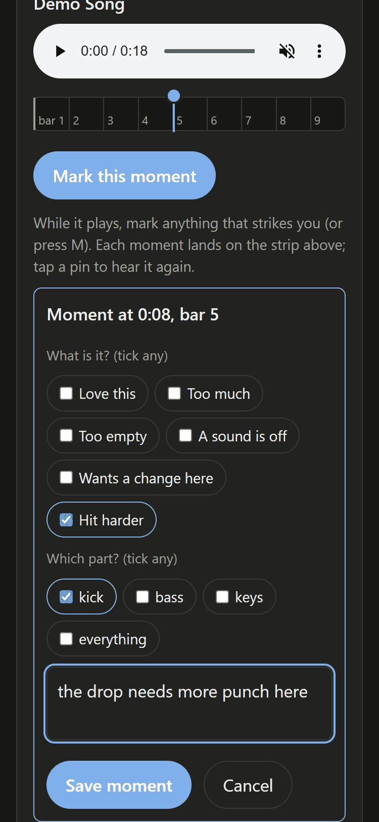 The same moment open for editing: tick boxes for what it is (Hit harder ticked), which part (kick ticked), and the listener's words.