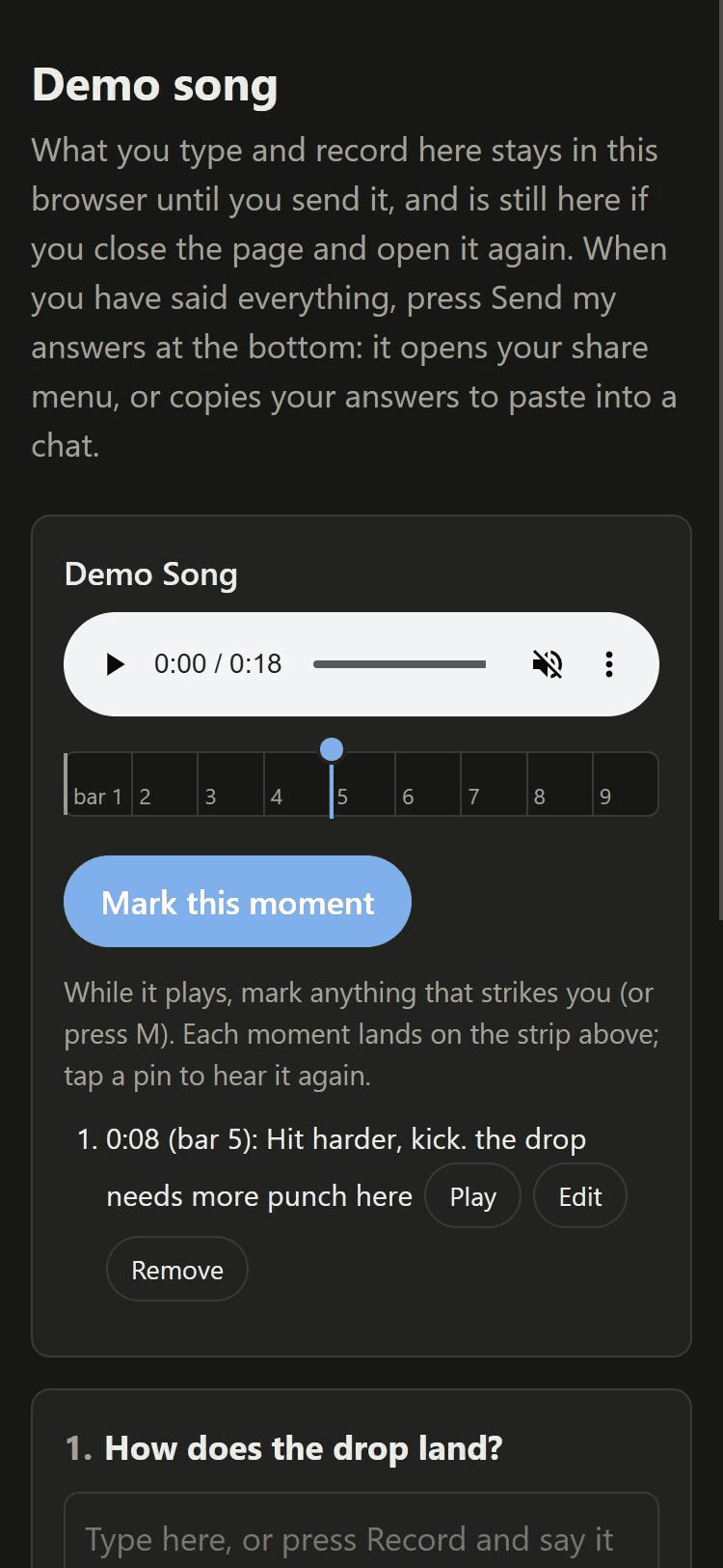 A feedback page for a demo song: the player, a strip of bar numbers with a pin at bar 5, a Mark this moment button, and the saved moment: 0:08, bar 5, Hit harder, kick, the drop needs more punch here.