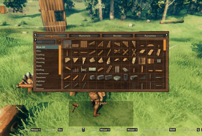 Hammer menu: a wood wall shows 192/2 wood from nearby chests, then is placed