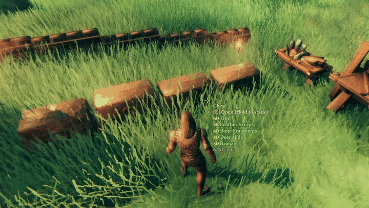 Looking at a chest lists what it holds: flint, leather scraps, bone fragments, deer hide, bronze