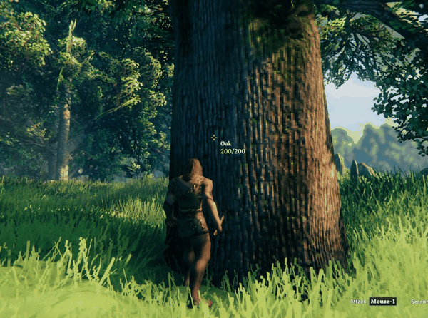 An oak shows Oak 200/200 under the crosshair; each axe swing lowers it