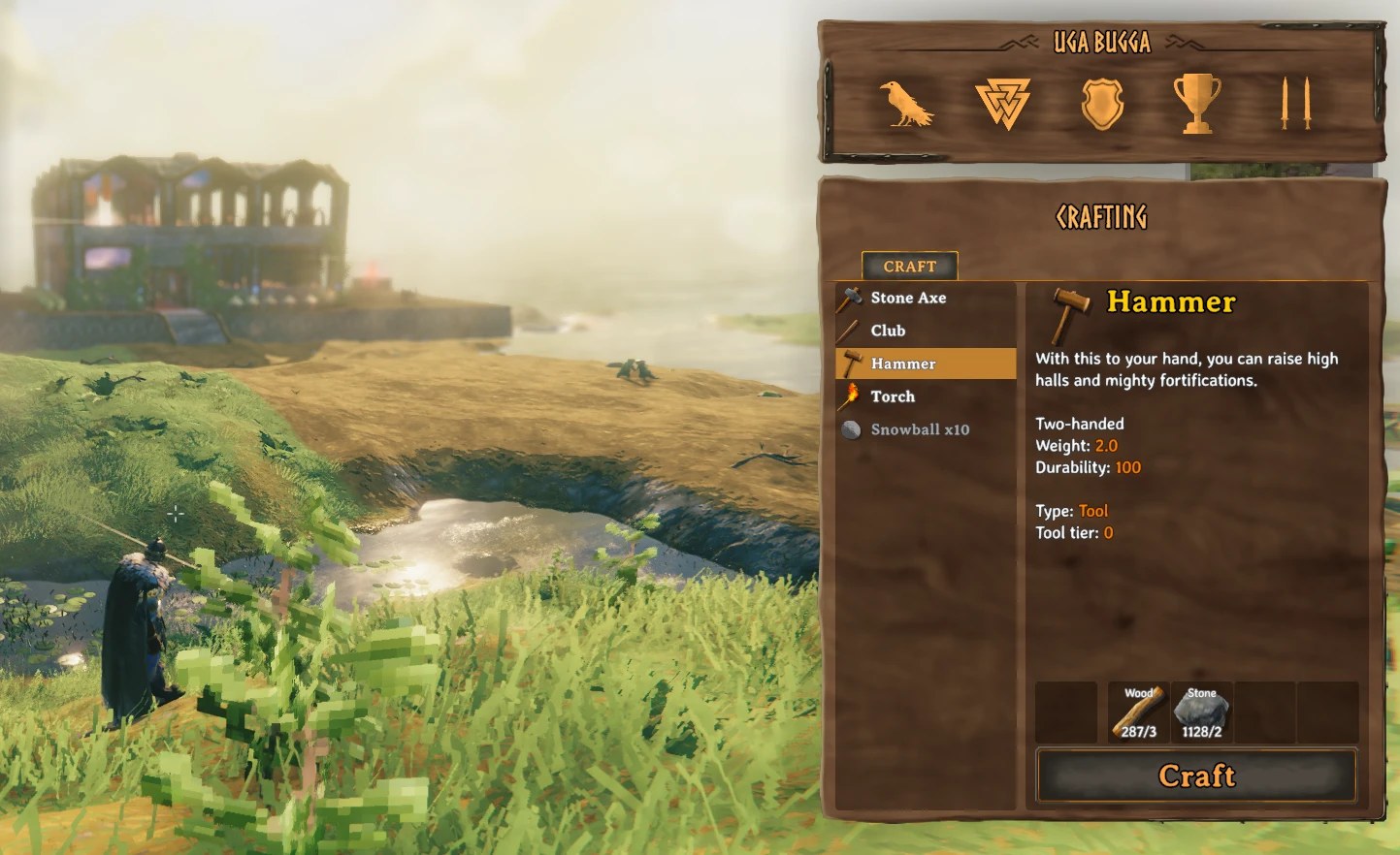 Crafting a hammer far from the base: 287 wood and 1128 stone counted from chests up to 100 m away