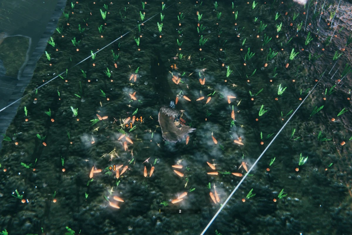 Shift harvest: one press picks the ripe carrots all around the player