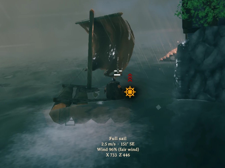Ship status under the sailing HUD: Full sail, 2.5 m/s 151° SE, Wind 96% (fair wind), X 733 Z 446