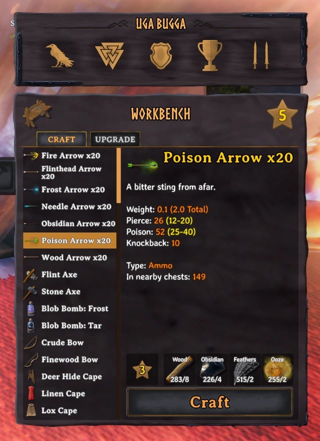 Workbench: every requirement counts your chests, e.g. 283/8 wood, 226/4 obsidian