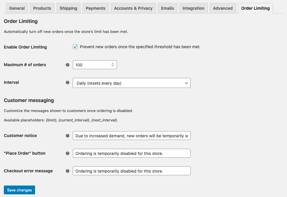 The settings screen for Limit Orders for WooCommerce