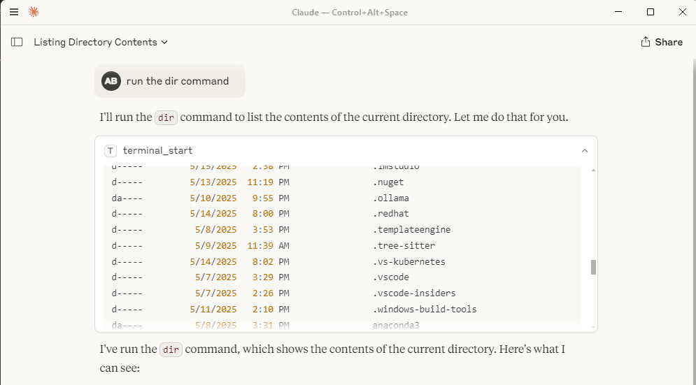 Claude Desktop Window with Terminal Output
