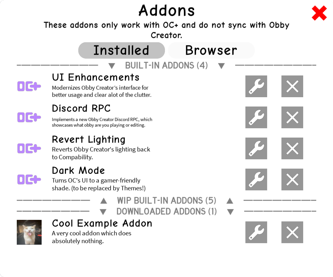 The Addons menu in version 0.9