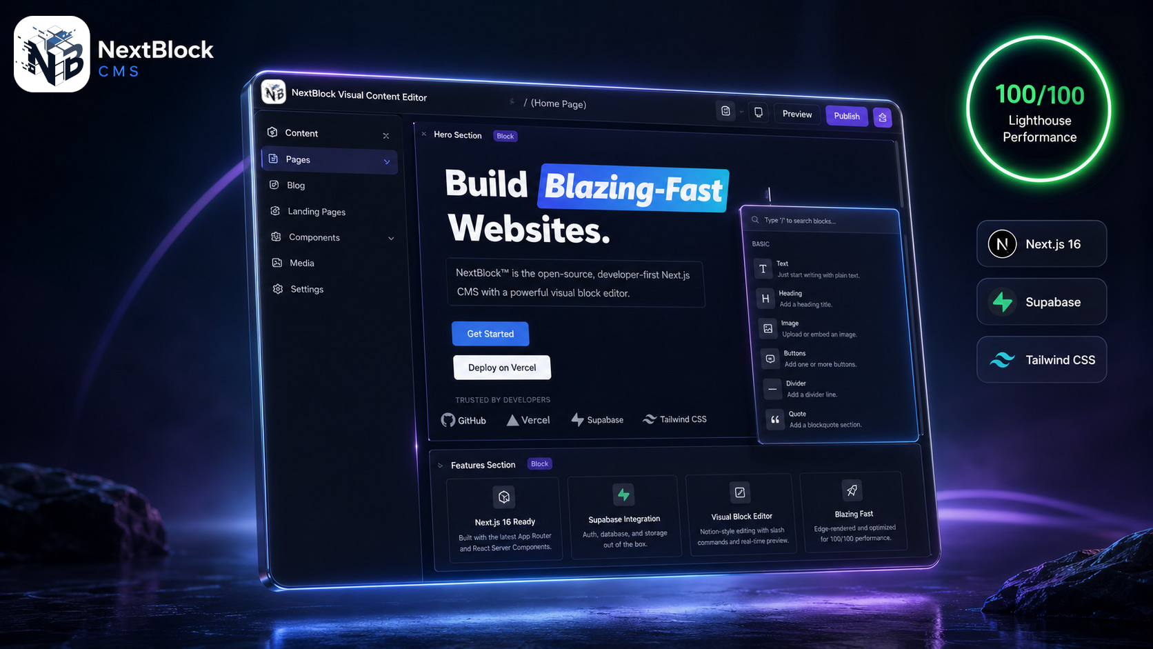 NextBlock CMS — the open-source, full-stack AI-native CMS for Next.js 16, Supabase and Tailwind CSS