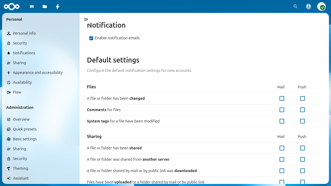 The Activity admin settings page showing default notification preferences for new accounts.