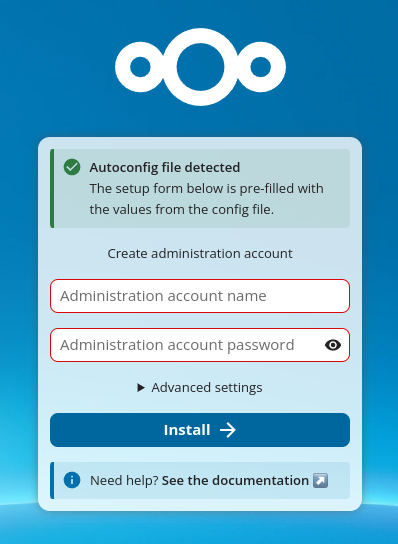 Nextcloud wizard screen when an autoconfig file is detected