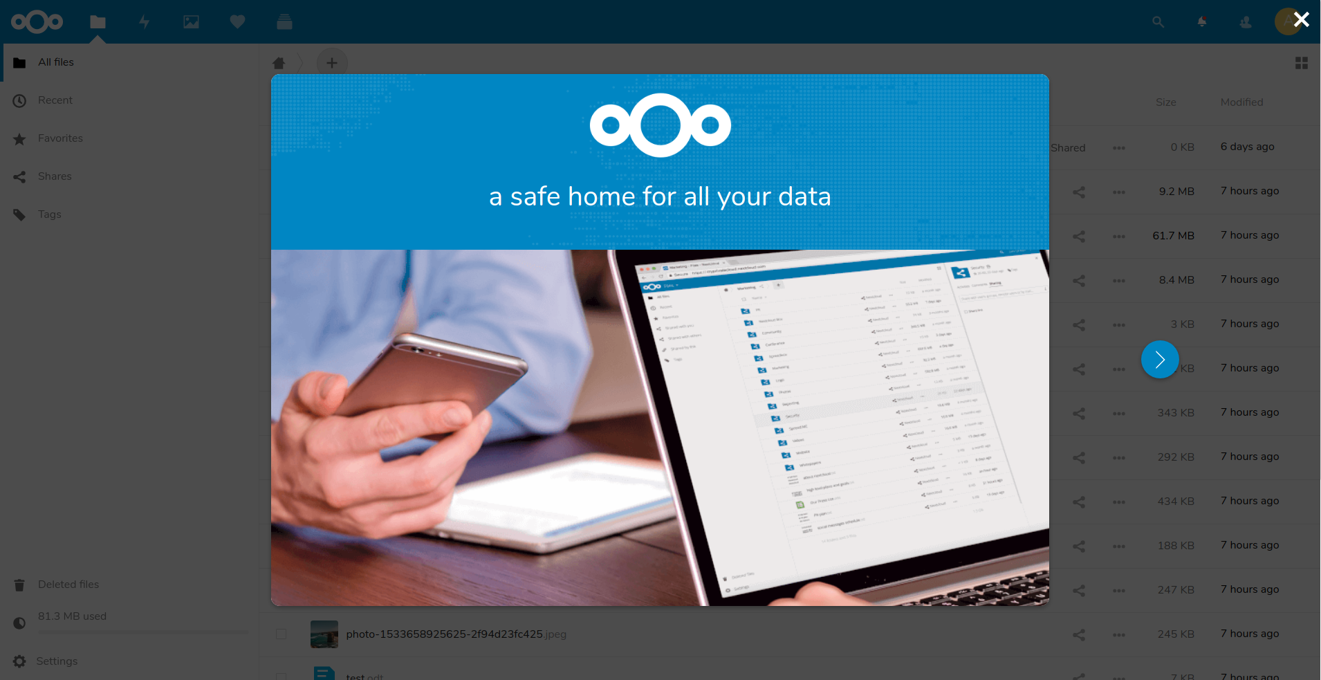 Nextcloud welcome screen after a successful installation
