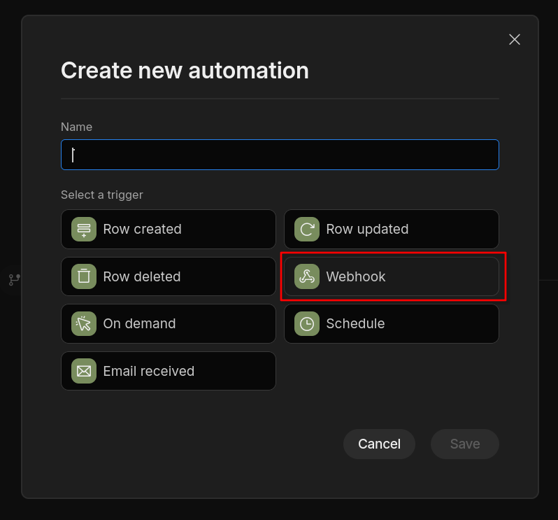 Budibase for creating a new automation, with highlighted "Webhook" button