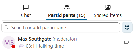Talk active call showing talking time indicator for each participant