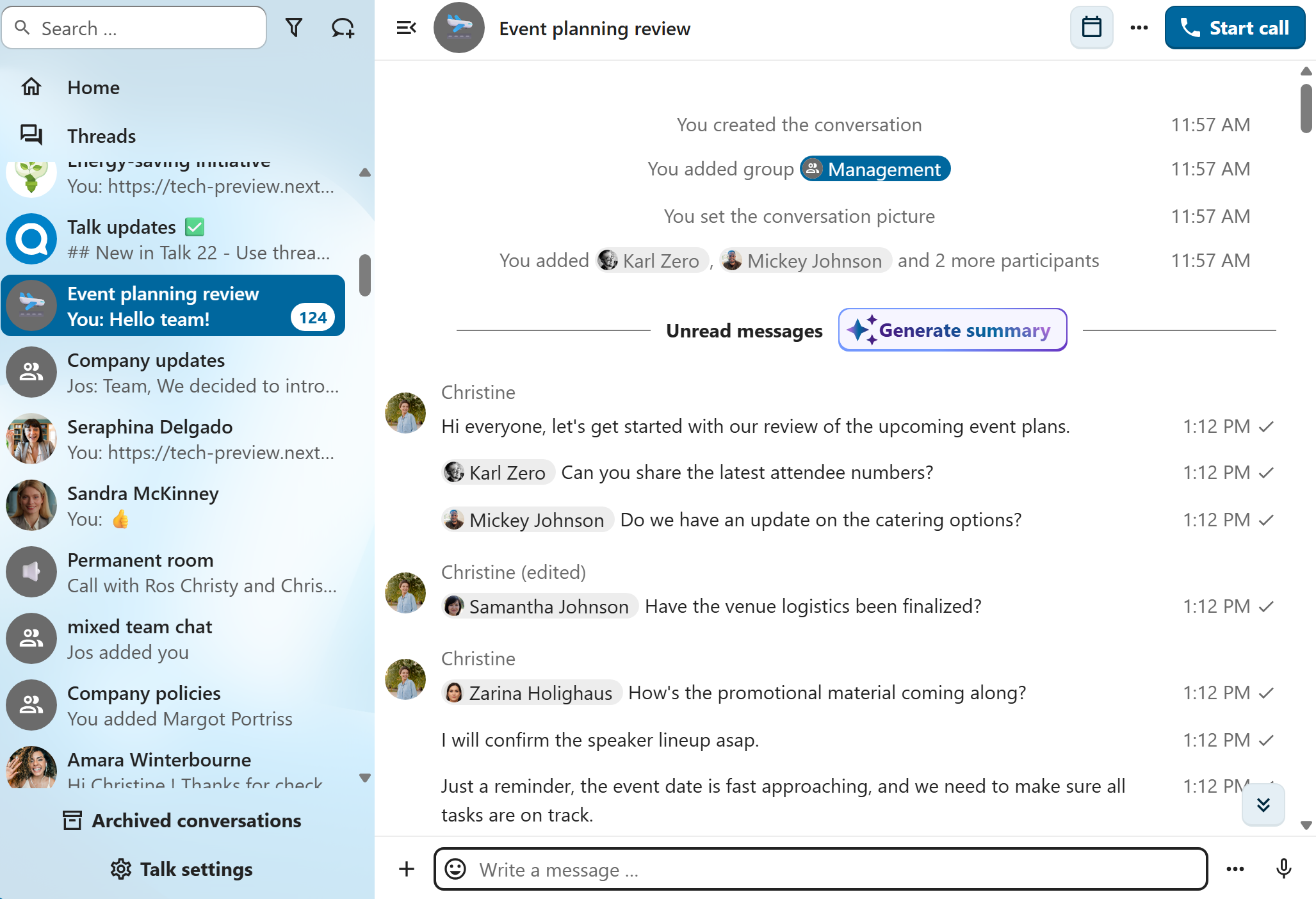 Talk chat view with the AI summary generation button visible
