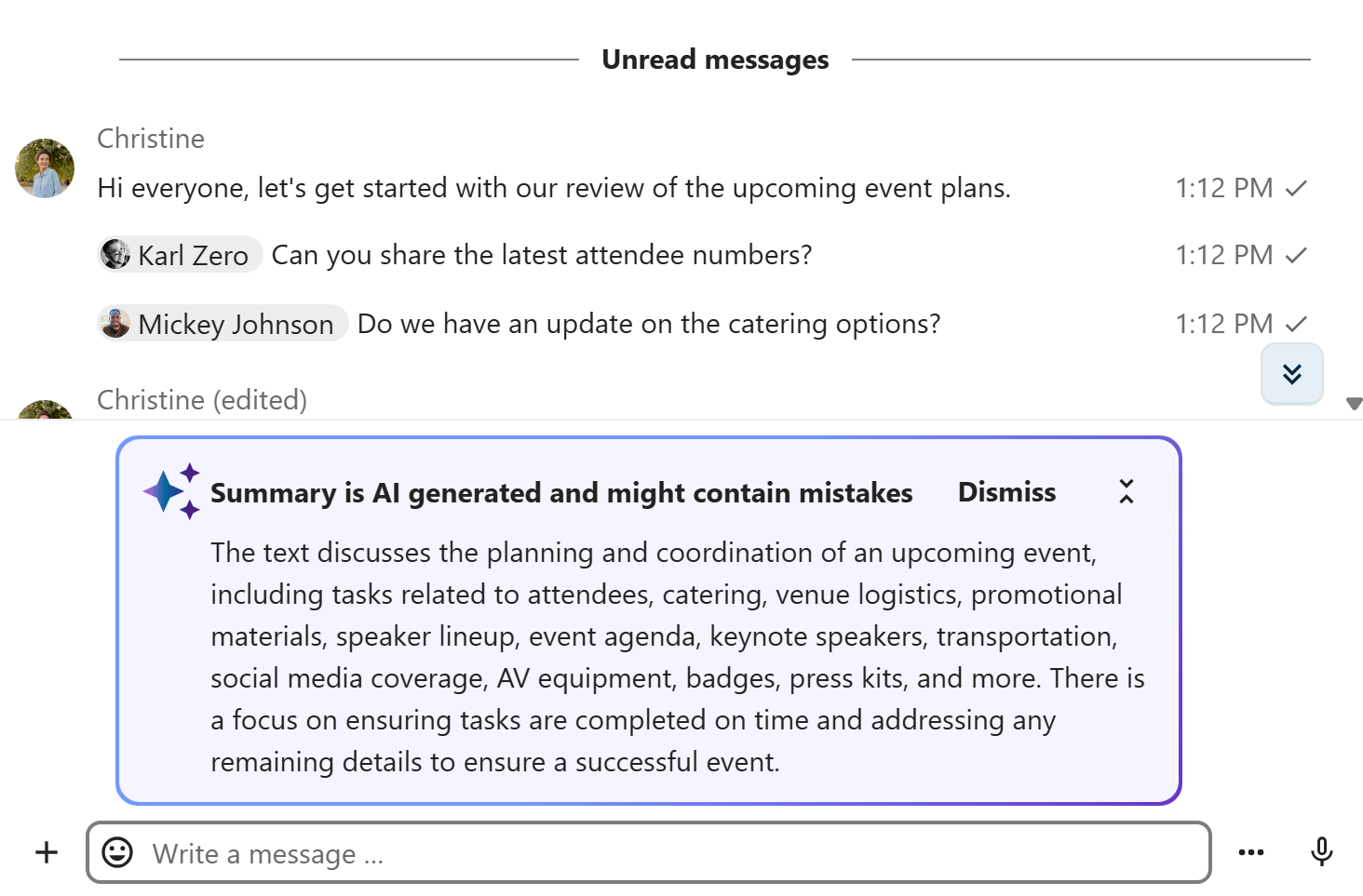 Talk AI-generated chat summary displayed in the conversation