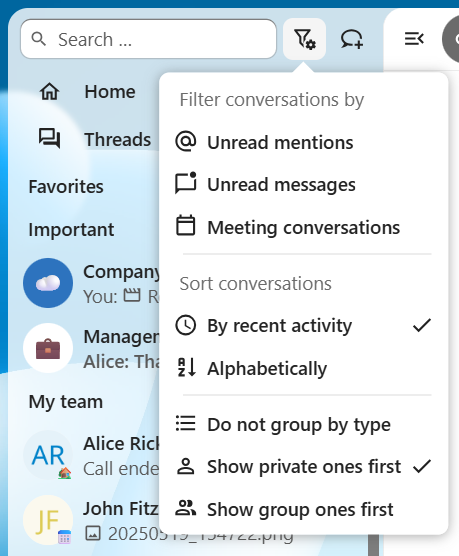 Talk conversations sorting and grouping options