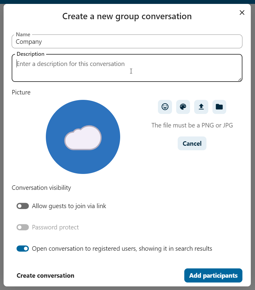 Talk new conversation setup dialog for name, description, and access type