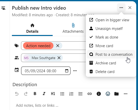 Deck card menu with Share to Talk chat option