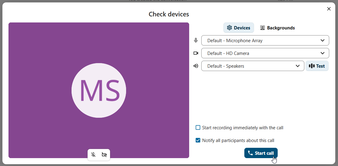 Talk device check dialog for guests before joining a call