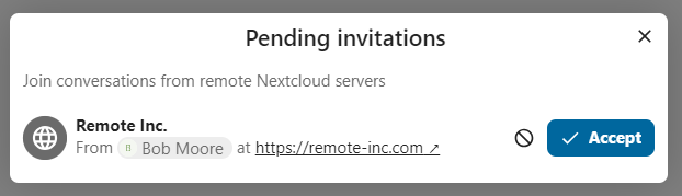 Talk federation invite dialog showing the inviting server details