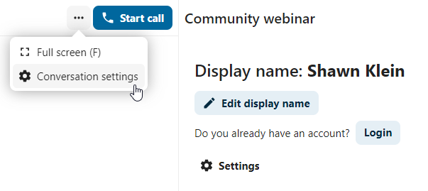 Talk guest conversation menu with full-screen and other options