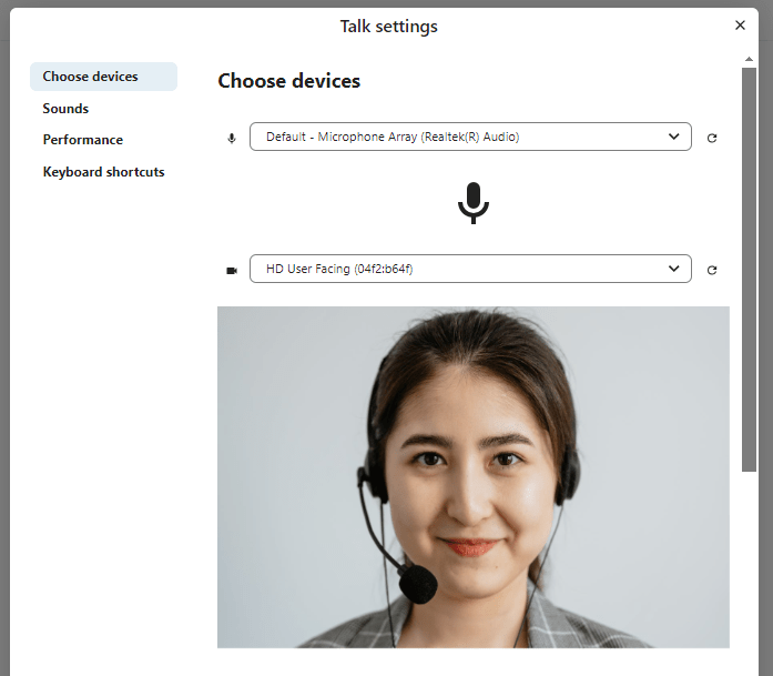 Talk guest settings panel with camera and microphone options