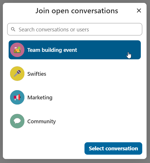 Talk open conversations browser showing public conversations to join