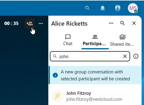 Talk dialog to extend a one-to-one call by adding more participants to a group conversation
