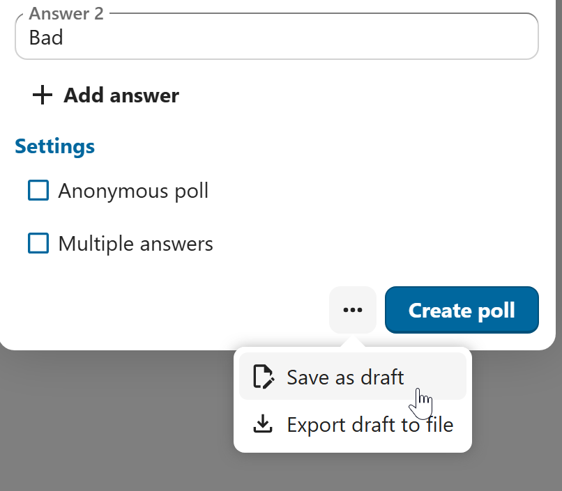Talk poll creation form with save as draft option
