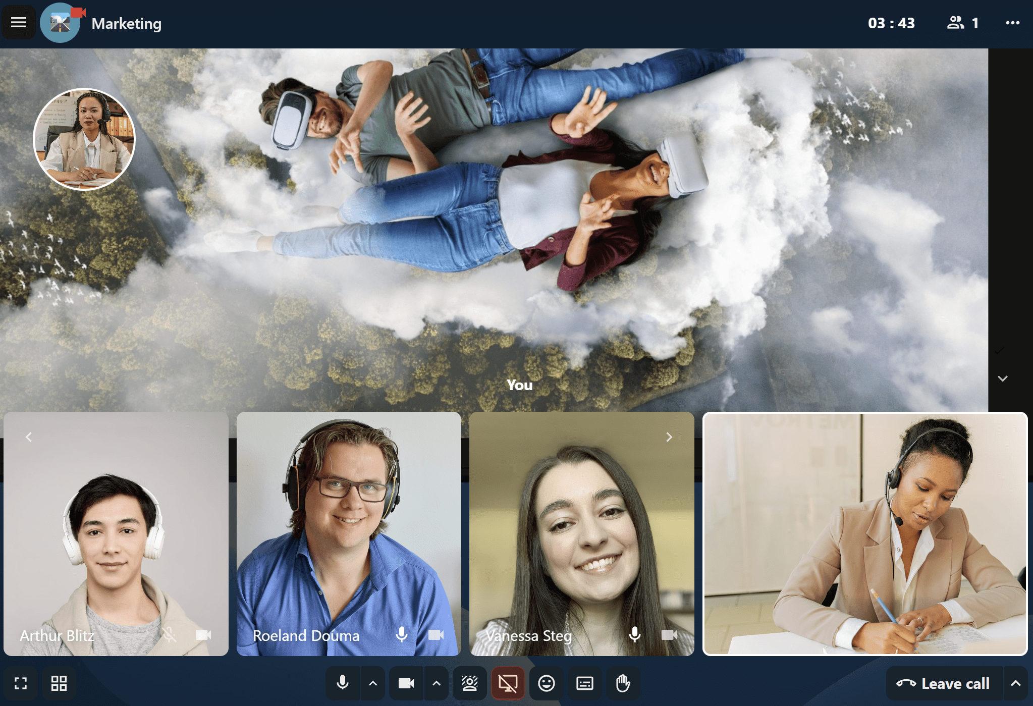 Talk call with both screen share and camera video visible