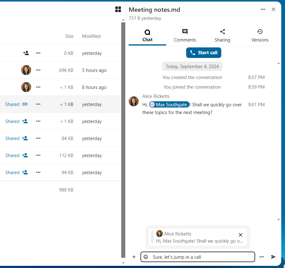Nextcloud Files sidebar showing an active Talk chat and call for a file