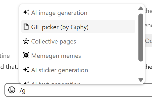 Talk smart picker opened with slash command for inserting objects