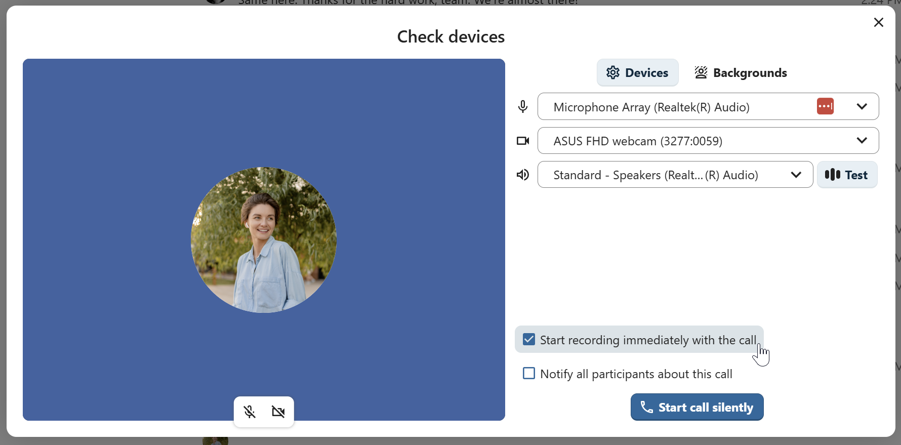 Talk Check devices dialog showing start recording option before joining a call