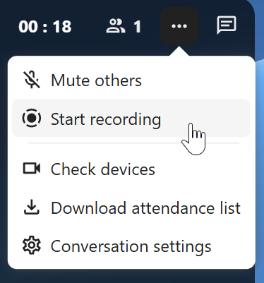 Talk in-call top bar menu showing Start recording option