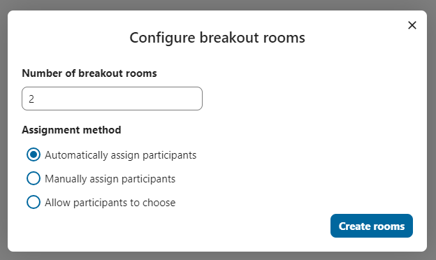 Talk breakout rooms configuration dialog showing participant assignment options
