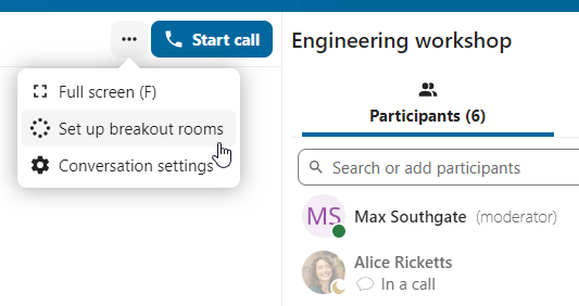 Talk Breakout rooms setup button in conversation controls