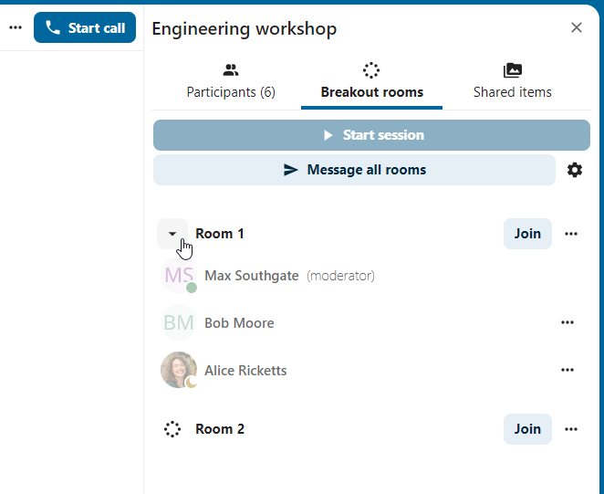 Talk sidebar showing created breakout rooms