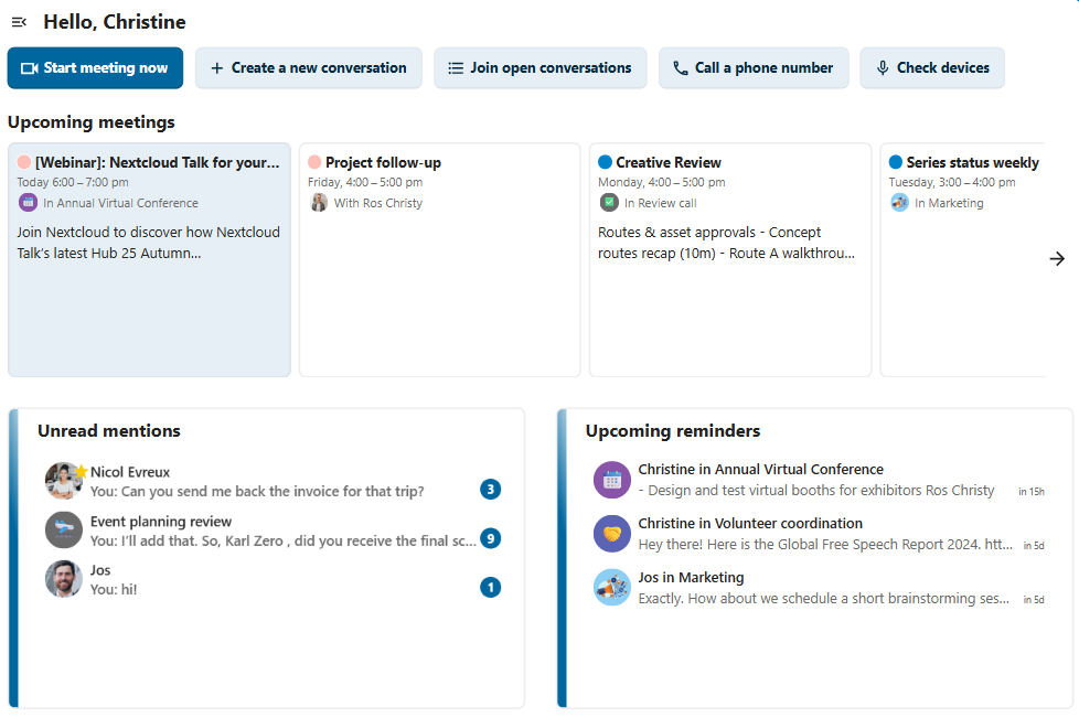 Talk dashboard showing recent conversations and shortcut actions