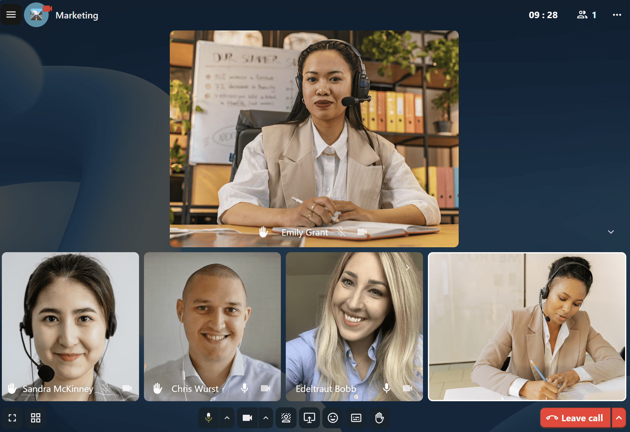 Talk call in promoted (speaker) view with the active speaker highlighted