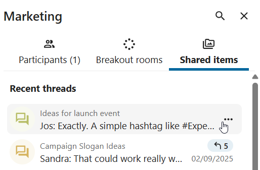 Talk shared items sidebar panel listing conversation threads