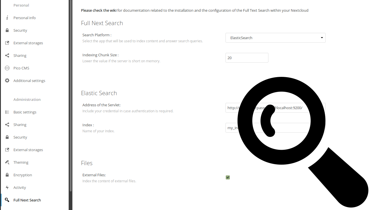 The search text. Полнотекстовый поиск. Nextcloud app. Full text search. Pico cms.