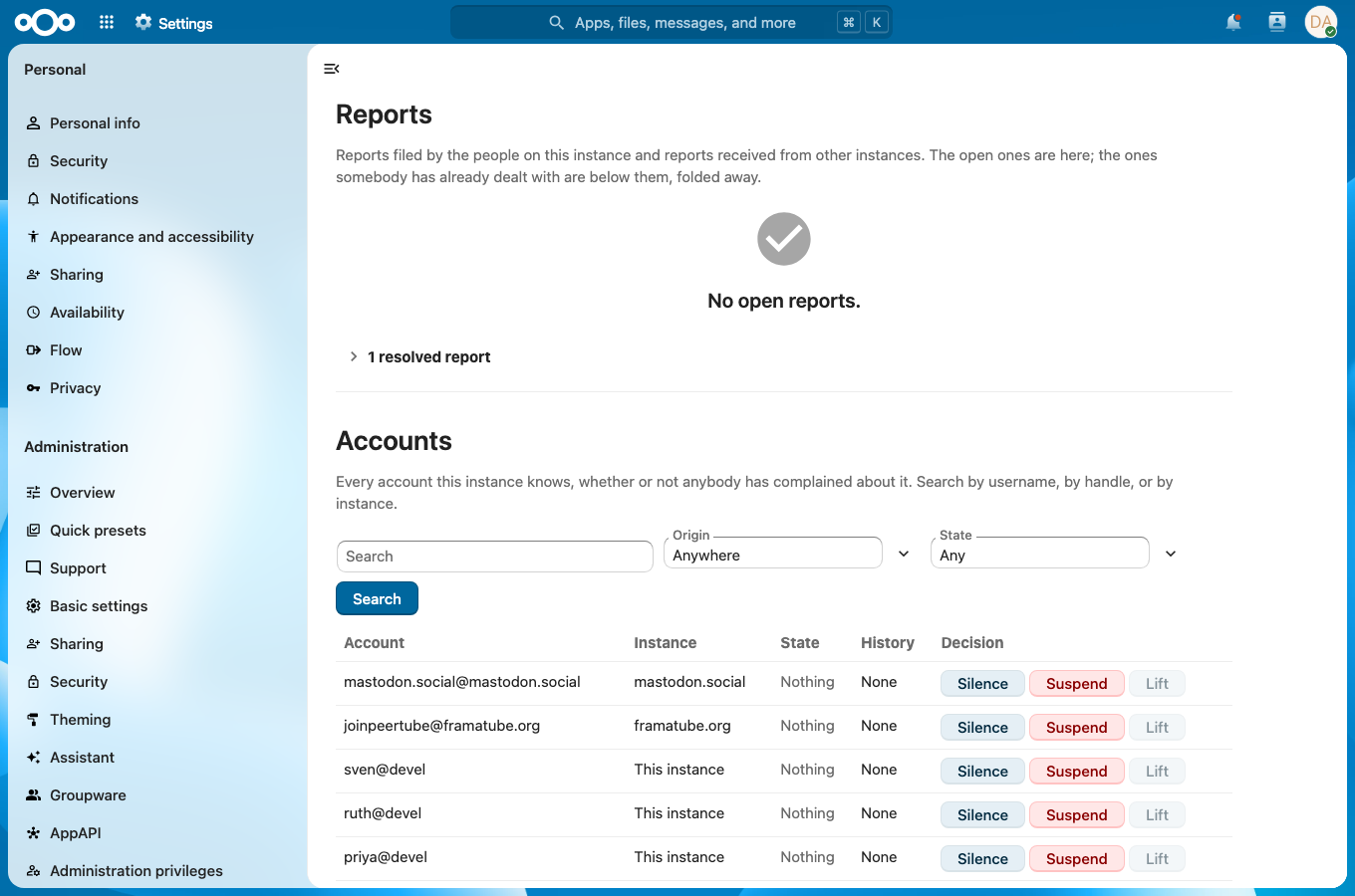 The administration page
