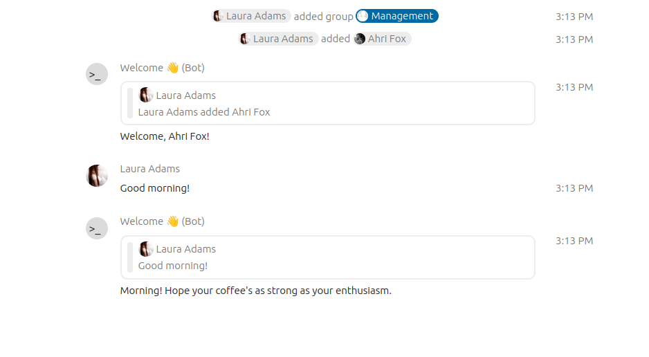 Demo screenshot of some sample bot replies