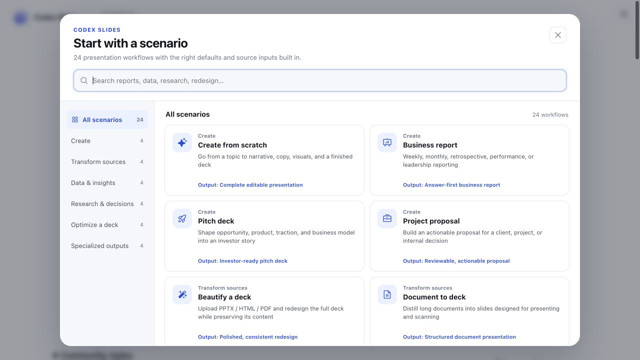 Scenario library with 24 presentation workflows
