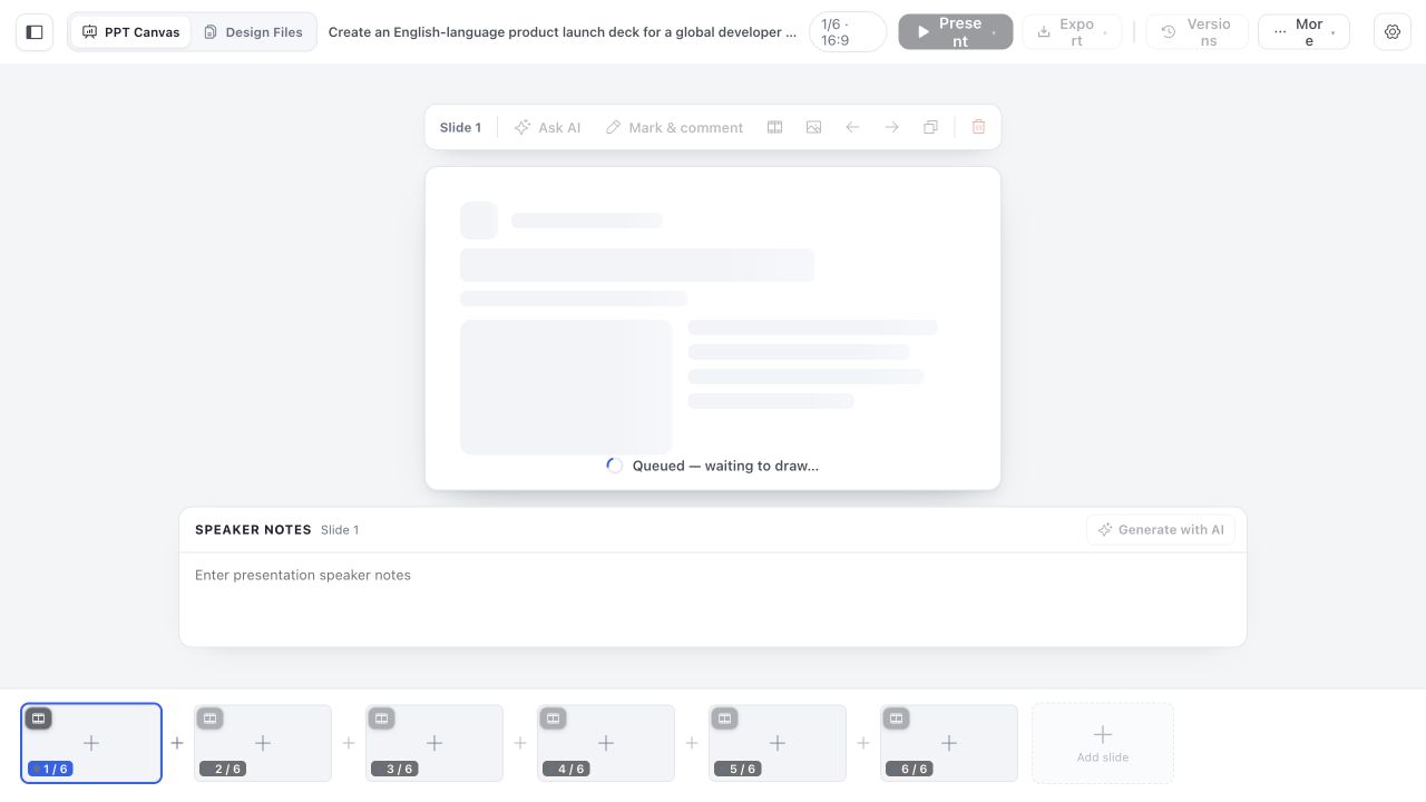 English slide generation with completed and pending pages visible