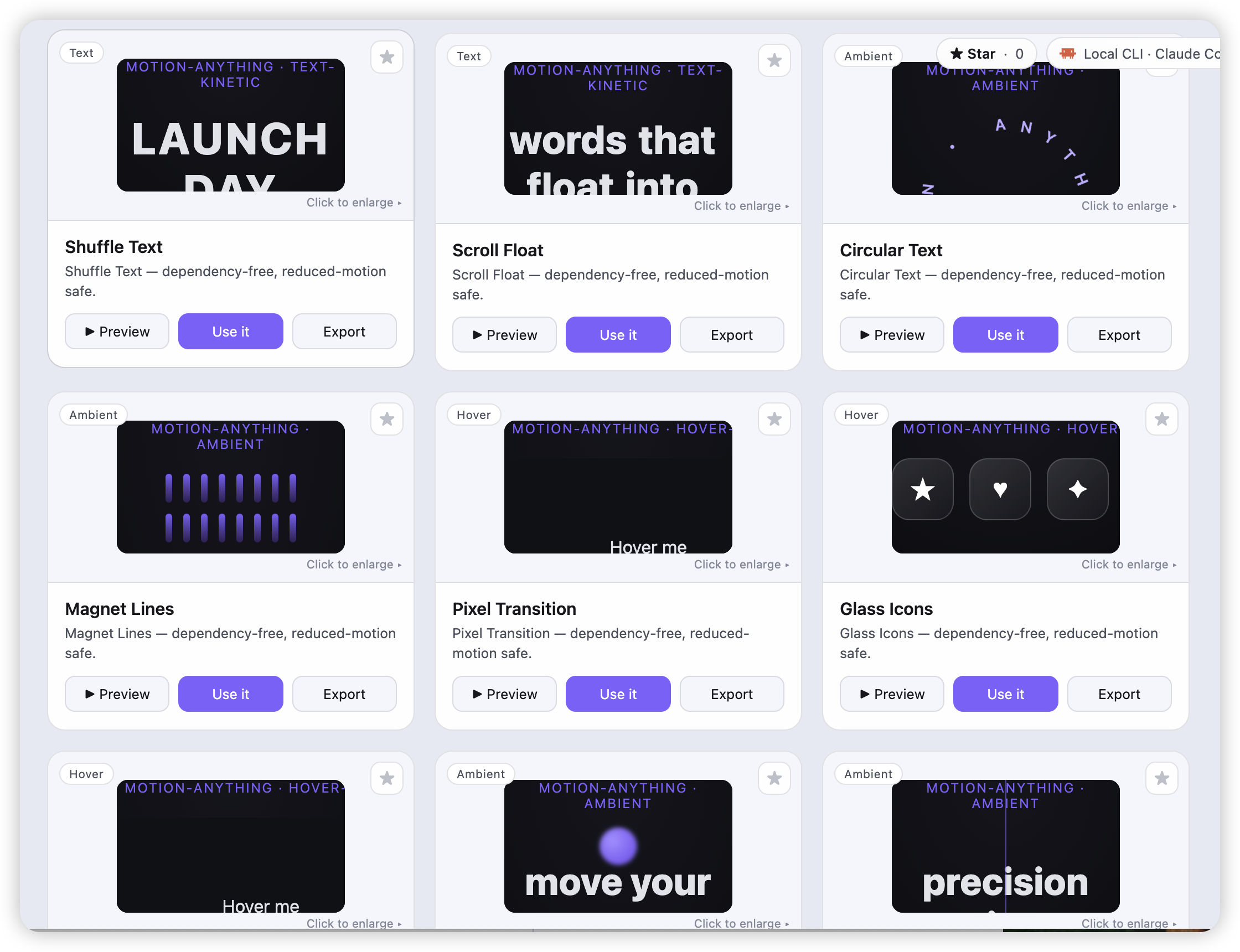 Library — recipe cards with live animated previews