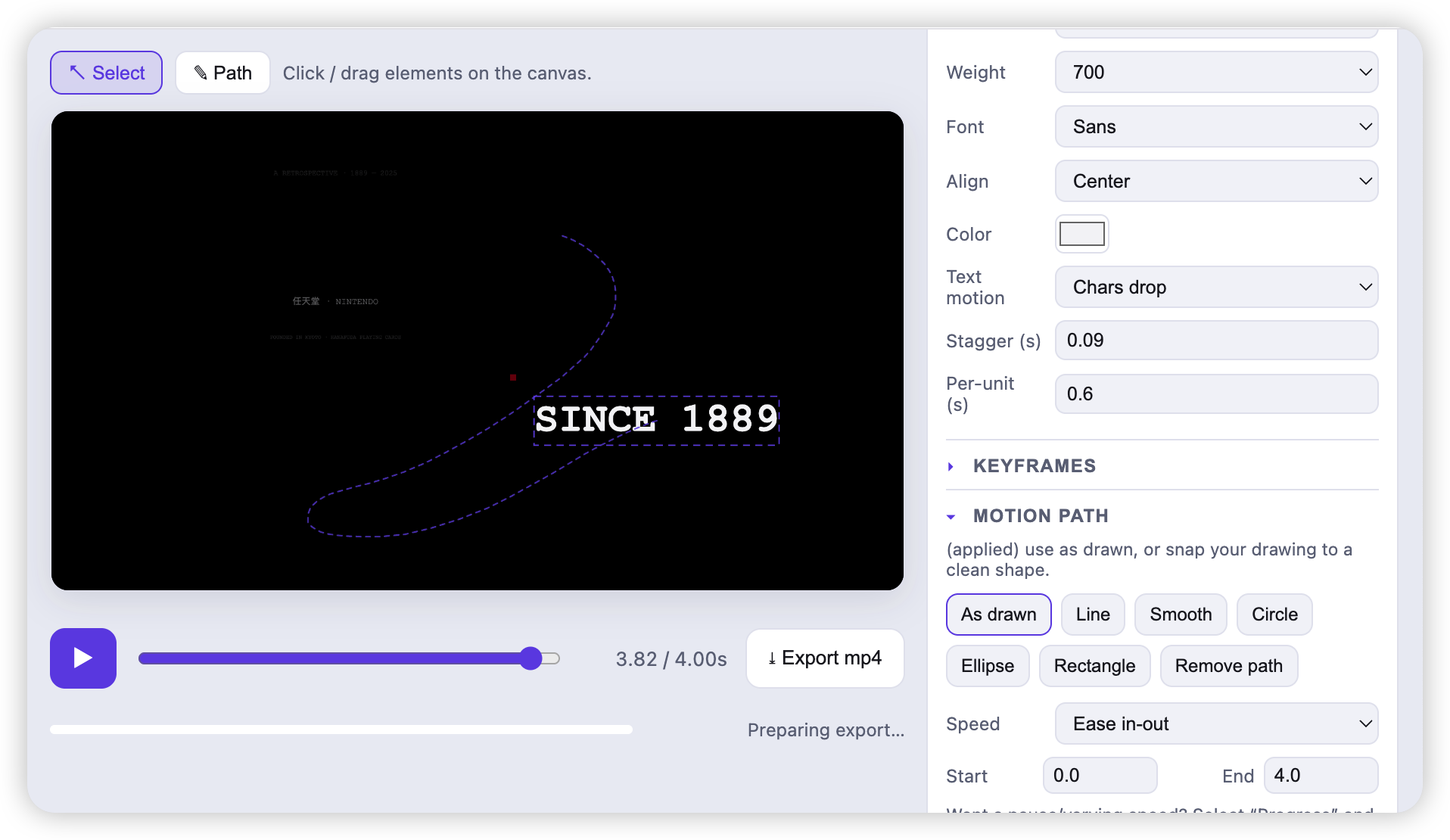 Motion path — draw a curve on the canvas and the selected text travels it