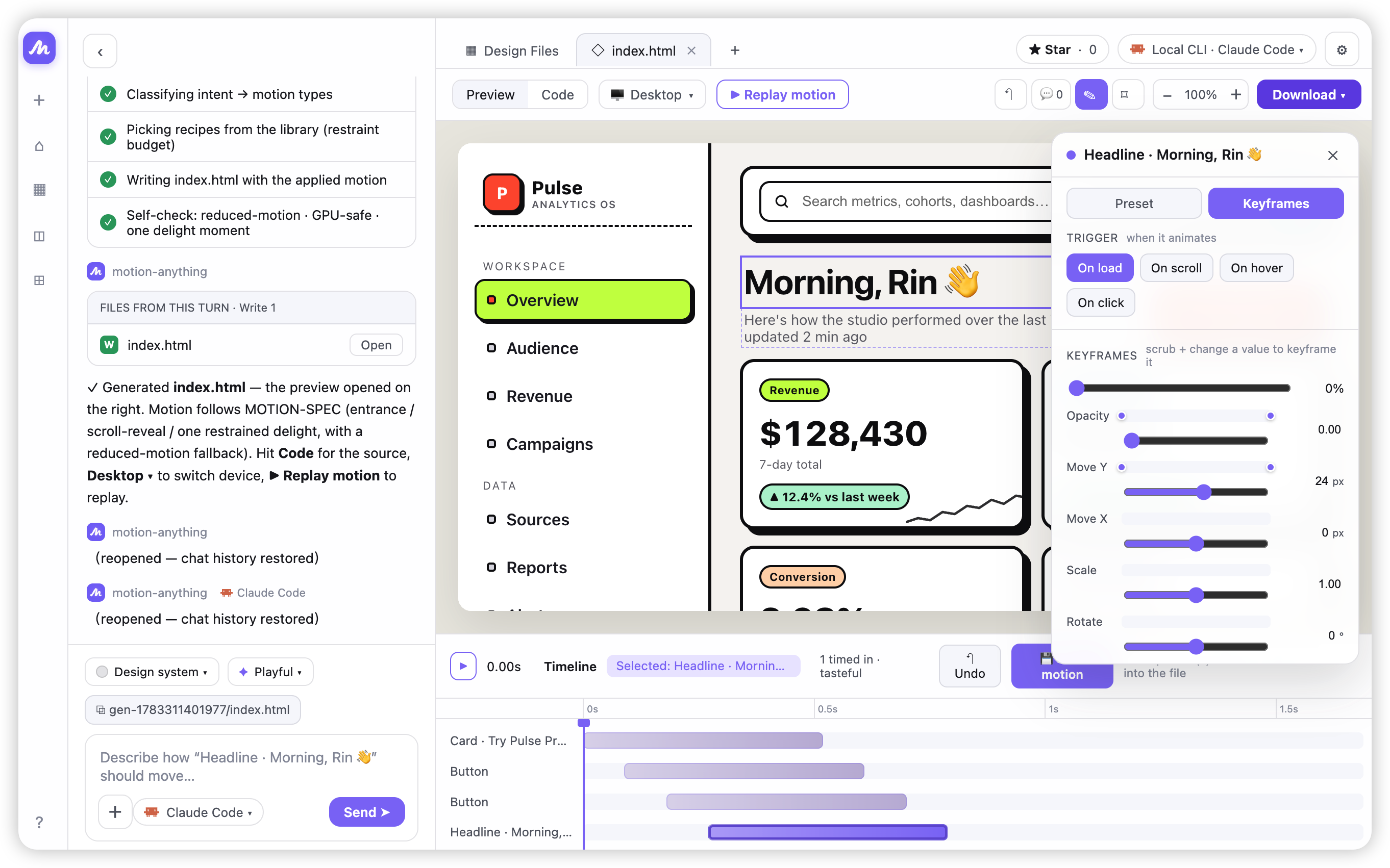 Workbench — component-level motion editing on the running page, with the agent's plan, a keyframes inspector and the timeline