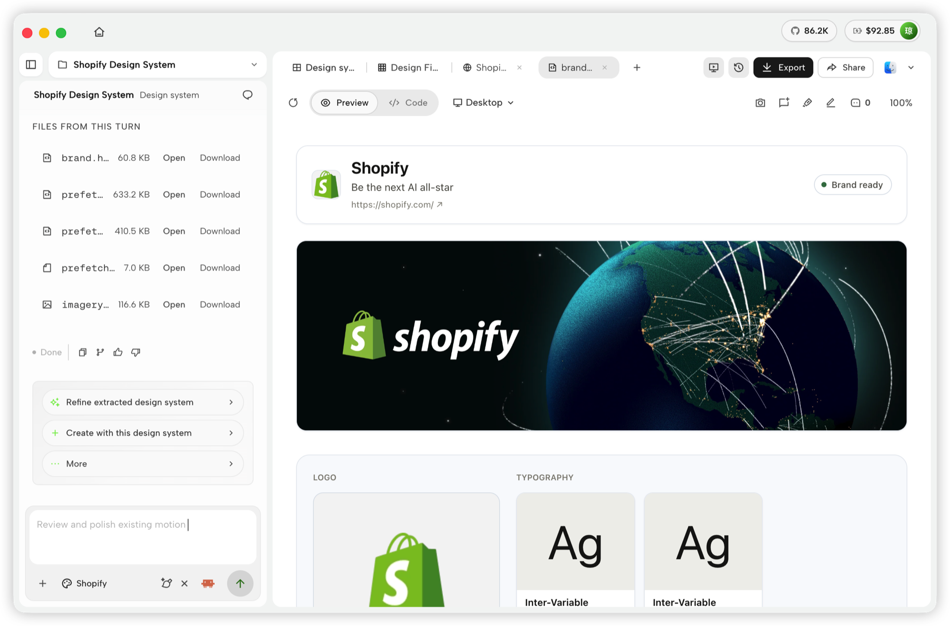 Shopify design system preview inside Open Design Studio